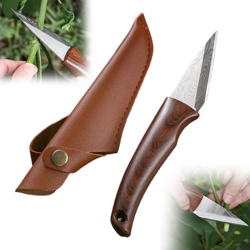 Gardening Tools Knife - 1個入り シャープな接ぎ木用ナイフ 木製ハンドルと革製鞘付き、耐久性のある園芸工具、芽接ぎ・接ぎ木用