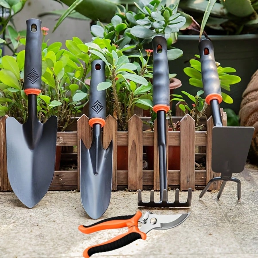Gardening Tools Knife - 滑り止め加工のゴム製ハンドルが付いたガーデニングツールキット5セット。頑丈で耐久性に優れた、重作業用のガーデニング用手動工具5セット。クラシックで実用的なガーデニングギフトに最適。