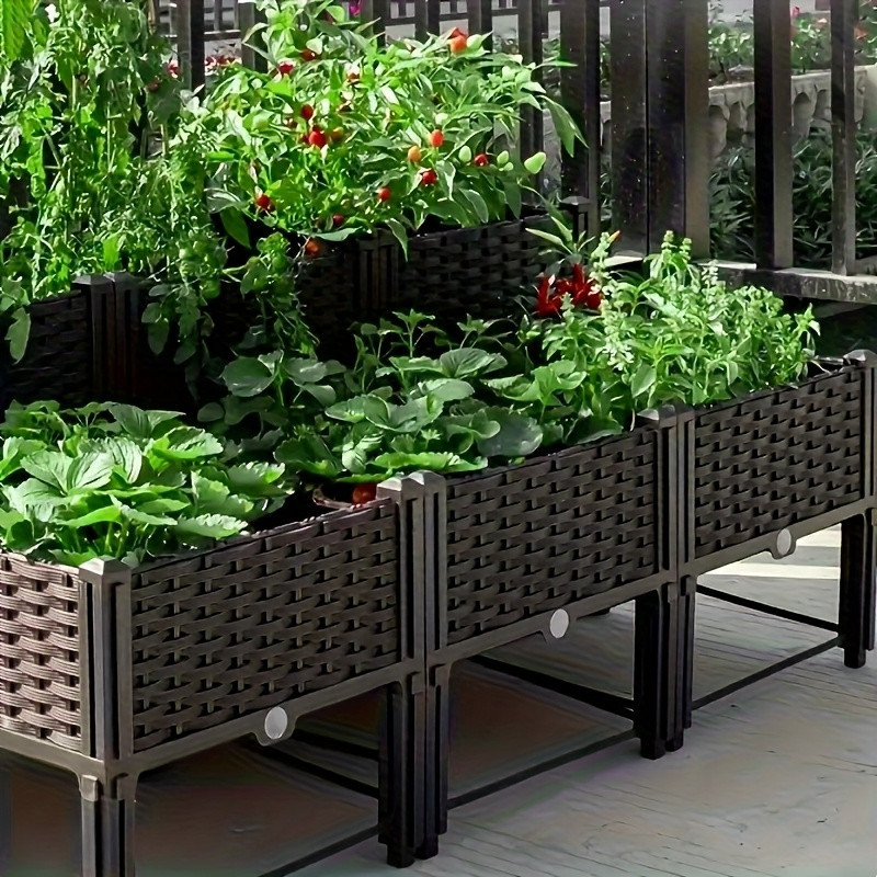 Gardening Tools And Equipment - ガーデンレイズドベッド、自動給水装置と排水穴付きの高床式フラワーボックス、庭、バルコニー、パティオ用のハーブ野菜プランターコンテナ（2セット、ブラウン）